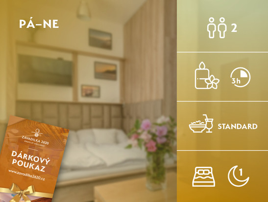 Pobytový balíček pro 2 osoby: Privátní pronájem wellness na 3 hodiny s balíčkem občerstvení STANDARD + Ubytování na 1 noc